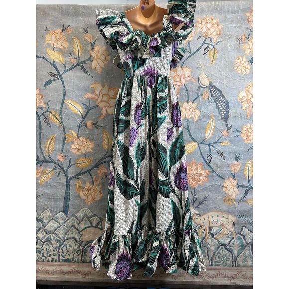 Anthropologie SIKA Off-The-Shoulder Ruffle Printed Maxi Dress Size 0 - Picture 8 of 10